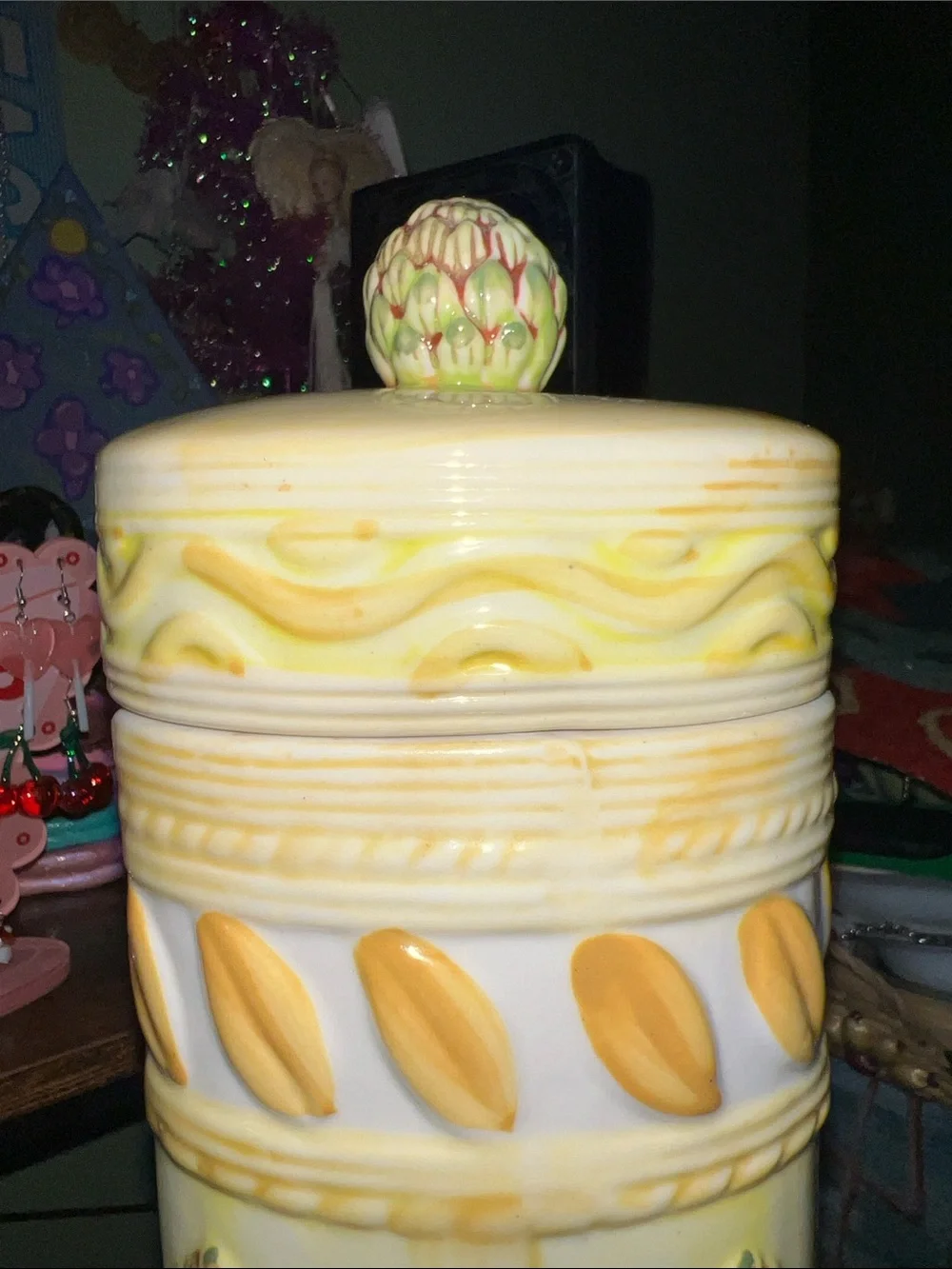 Vintage Italian Majolica Ceramic Oval Pasta Storage Canister Artichoke Top